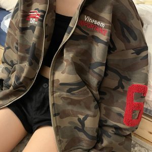 Unisex Vintage Embroidered Camouflage Hoodie Cardigan - Casual Loose Fit Jacket for Autumn Winter Fashion