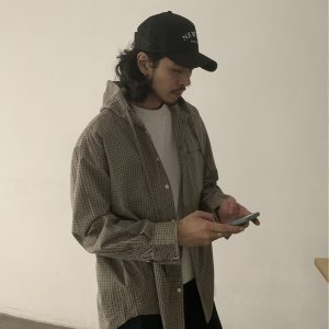 Unisex Vintage Loose Plaid Hooded Shirt Jacket - Trendy Japanese Commuter Style for 90s Inspired Fashion