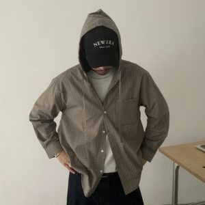 Unisex Vintage Loose Plaid Hooded Shirt Jacket - Trendy Japanese Commuter Style for 90s Inspired Fashion