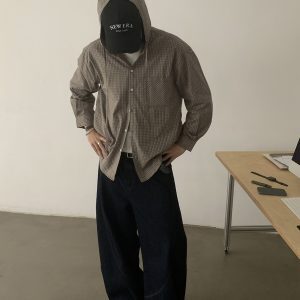 Unisex Vintage Loose Plaid Hooded Shirt Jacket - Trendy Japanese Commuter Style for 90s Inspired Fashion