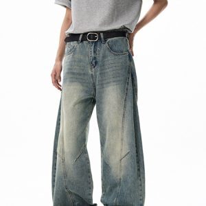 Unisex Vintage-Style Three-Dimensional Curved Knife Jeans - Loose Fit, Slimming Long Pants for a Clean Aesthetic