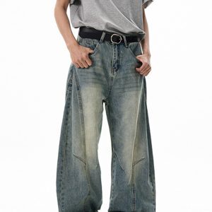 Unisex Vintage-Style Three-Dimensional Curved Knife Jeans - Loose Fit, Slimming Long Pants for a Clean Aesthetic