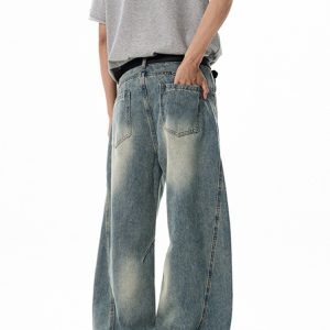 Unisex Vintage-Style Three-Dimensional Curved Knife Jeans - Loose Fit, Slimming Long Pants for a Clean Aesthetic