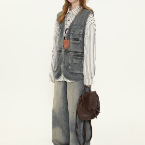 Unisex Vintage Washed Distressed Multi-Pocket Denim Work Vest - Trendy Sleeveless Jacket for Layering, Casual Street Style