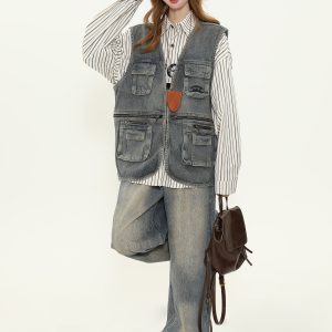 Unisex Vintage Washed Distressed Multi-Pocket Denim Work Vest - Trendy Sleeveless Jacket for Layering, Casual Street Style