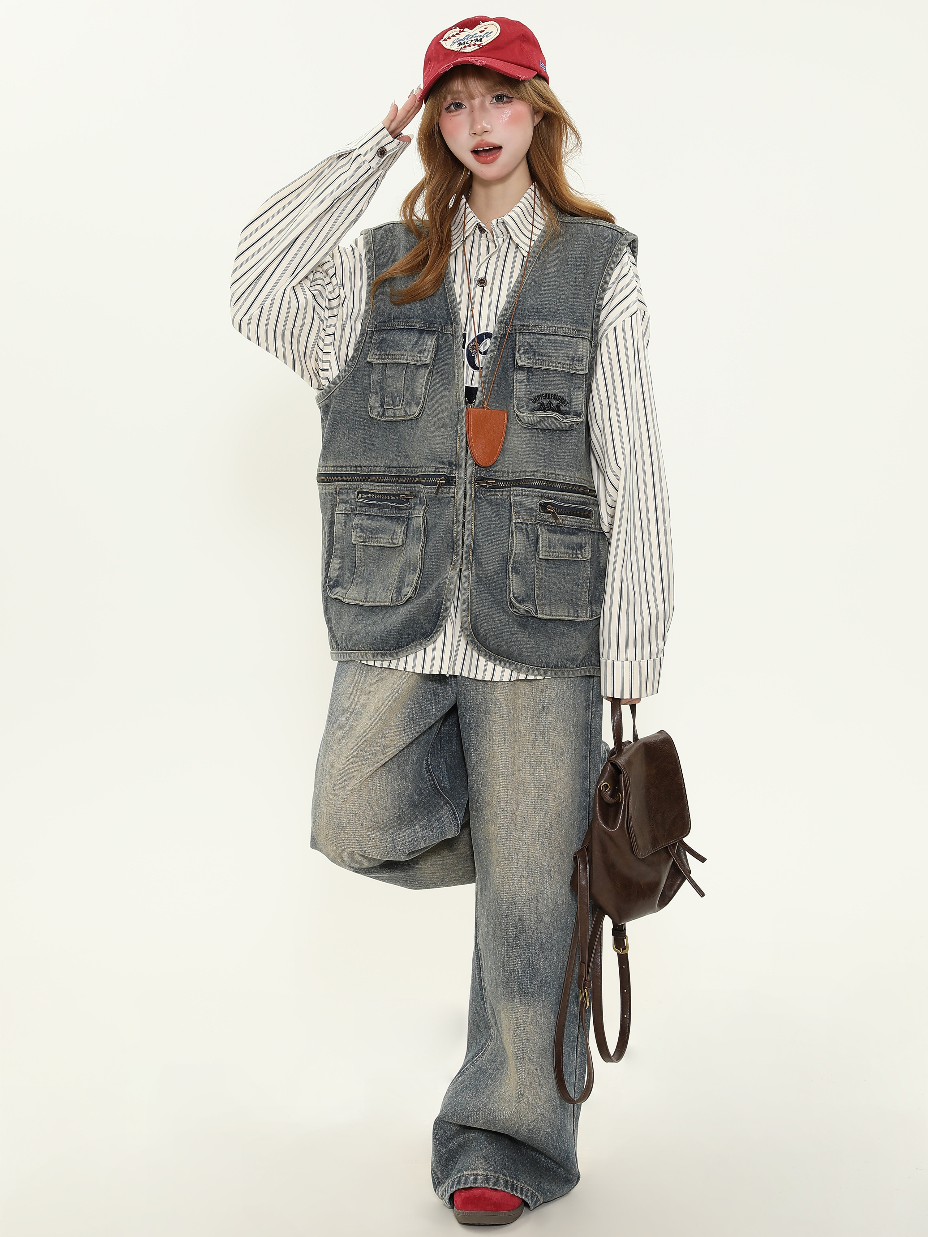 Unisex Vintage Washed Distressed Multi-Pocket Denim Work Vest - Trendy Sleeveless Jacket for Layering, Casual Street Style