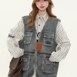 Unisex Vintage Washed Distressed Multi-Pocket Denim Work Vest - Trendy Sleeveless Jacket for Layering, Casual Street Style
