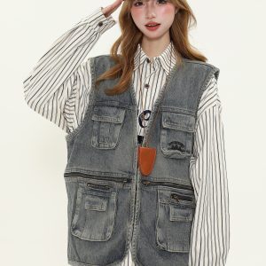 Unisex Vintage Washed Distressed Multi-Pocket Denim Work Vest - Trendy Sleeveless Jacket for Layering, Casual Street Style