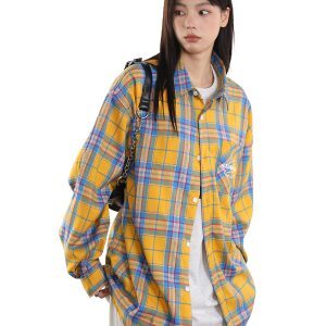 Unisex Vintage Yellow Plaid Shirt - Trendy Loose Casual Top for Couples - Versatile 90s Inspired Fashion
