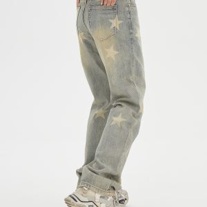 Unisex Water-Washed Vintage Denim Pants with Star Print in Yellow Mud Dye - Loose Straight-Leg Trousers for a Retro 90s Look
