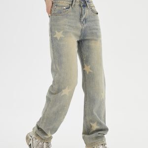 Unisex Water-Washed Vintage Denim Pants with Star Print in Yellow Mud Dye - Loose Straight-Leg Trousers for a Retro 90s Look