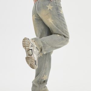 Unisex Water-Washed Vintage Denim Pants with Star Print in Yellow Mud Dye - Loose Straight-Leg Trousers for a Retro 90s Look