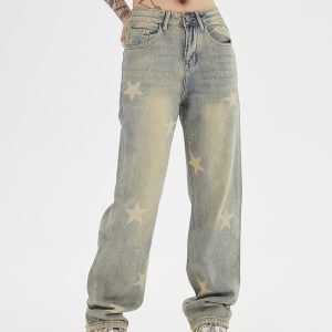 Unisex Water-Washed Vintage Denim Pants with Star Print in Yellow Mud Dye - Loose Straight-Leg Trousers for a Retro 90s Look