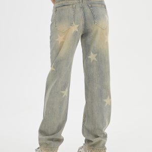 Unisex Water-Washed Vintage Denim Pants with Star Print in Yellow Mud Dye - Loose Straight-Leg Trousers for a Retro 90s Look