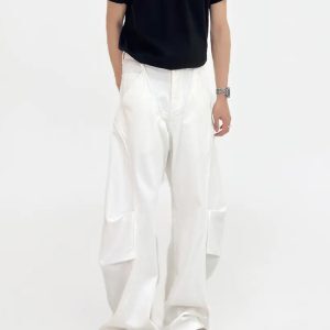 Unisex Wide-Leg Denim Pants in White with Curved Blade Pleats - Casual Long Trousers for 90s and Y2K Style