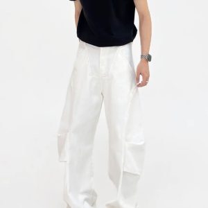 Unisex Wide-Leg Denim Pants in White with Curved Blade Pleats - Casual Long Trousers for 90s and Y2K Style