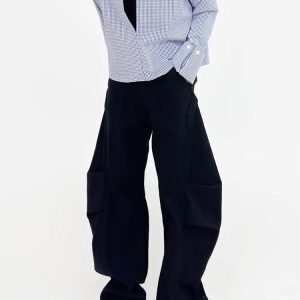 Unisex Wide-Leg Denim Pants in White with Curved Blade Pleats - Casual Long Trousers for 90s and Y2K Style