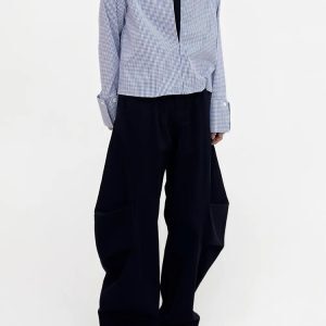 Unisex Wide-Leg Denim Pants in White with Curved Blade Pleats - Casual Long Trousers for 90s and Y2K Style