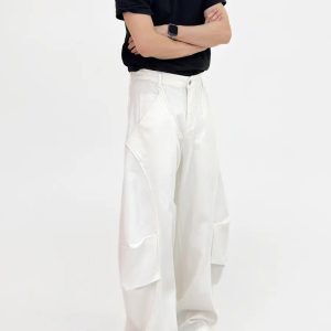 Unisex Wide-Leg Denim Pants in White with Curved Blade Pleats - Casual Long Trousers for 90s and Y2K Style