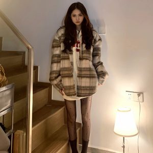 Unisex Woolen Plaid Striped Shirt Jacket - Trendy Lazy Niche Cardigan Top, Y2K Style Fashion Essential for Men and Women