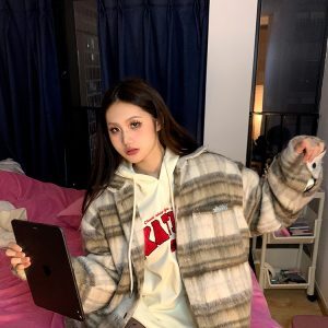 Unisex Woolen Plaid Striped Shirt Jacket - Trendy Lazy Niche Cardigan Top, Y2K Style Fashion Essential for Men and Women