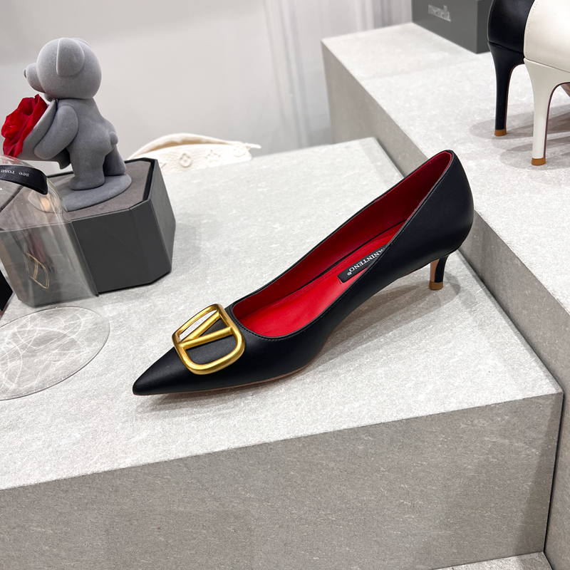 V-Buckle Black Pointed Toe High Heels for Women - European American Style Red Bottom Fashion Shoes - Spring Autumn 2025 Collection