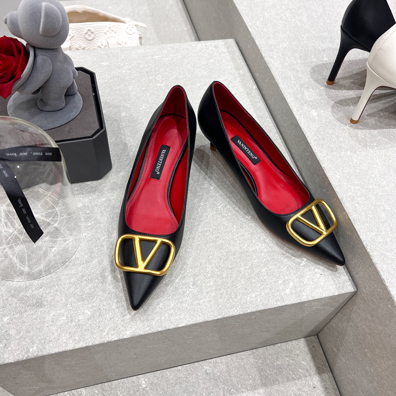 V-Buckle Black Pointed Toe High Heels for Women - European American Style Red Bottom Fashion Shoes - Spring Autumn 2025 Collection