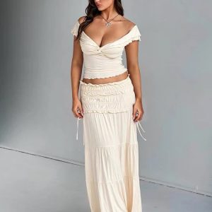 V-Neck Cropped Top with High-Waisted Slim-Fit Pleated Long Skirt Fashion Set for Women - Sexy European & American Style