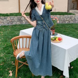 V-neck Denim Dress for Women, Summer 2025, Unique Floral Design, Long Casual Dress for a Beautiful Atmosphere, Y2K Style