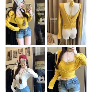 V-neck Lace Camisole Two-Piece Set - Y2K Spicy Girl Jazz Dance Outfit with Waist-Cinching Long Sleeve Top