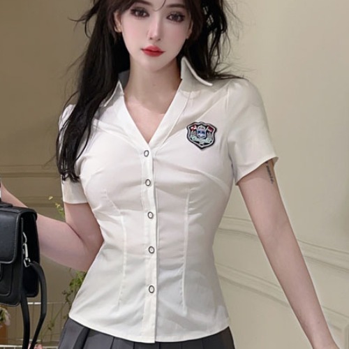 V-Neck Short Sleeve White Shirt with Ultra-Short Pleated Skirt Outfit for Women – Summer Foot Massage Parlor Uniform