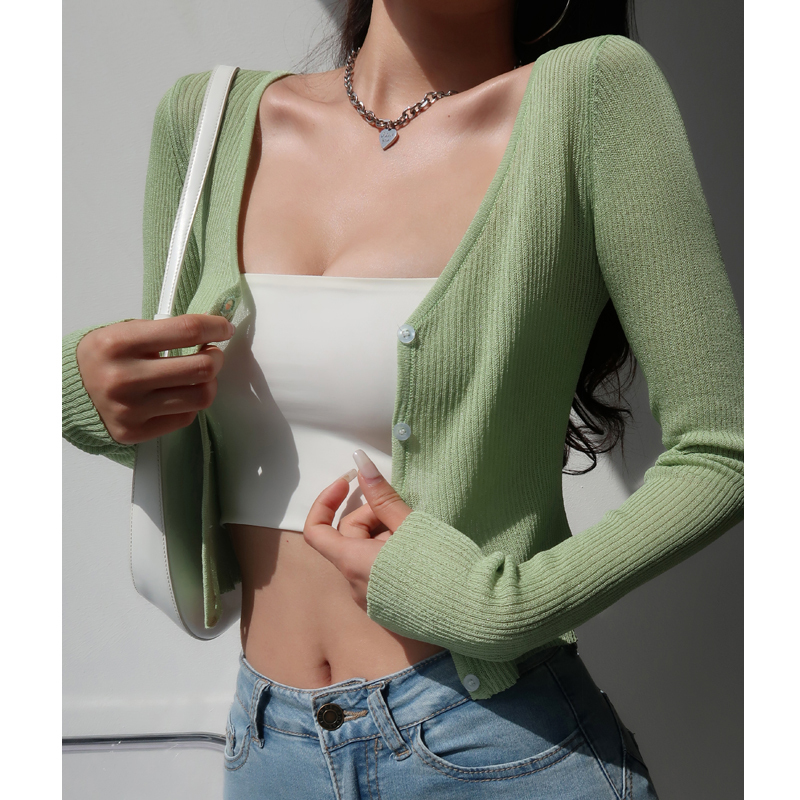 V-Neck Slim-Fit Short Knitted Cardigan for Women - Summer Long Sleeve Lightweight Versatile Sun Protection Top