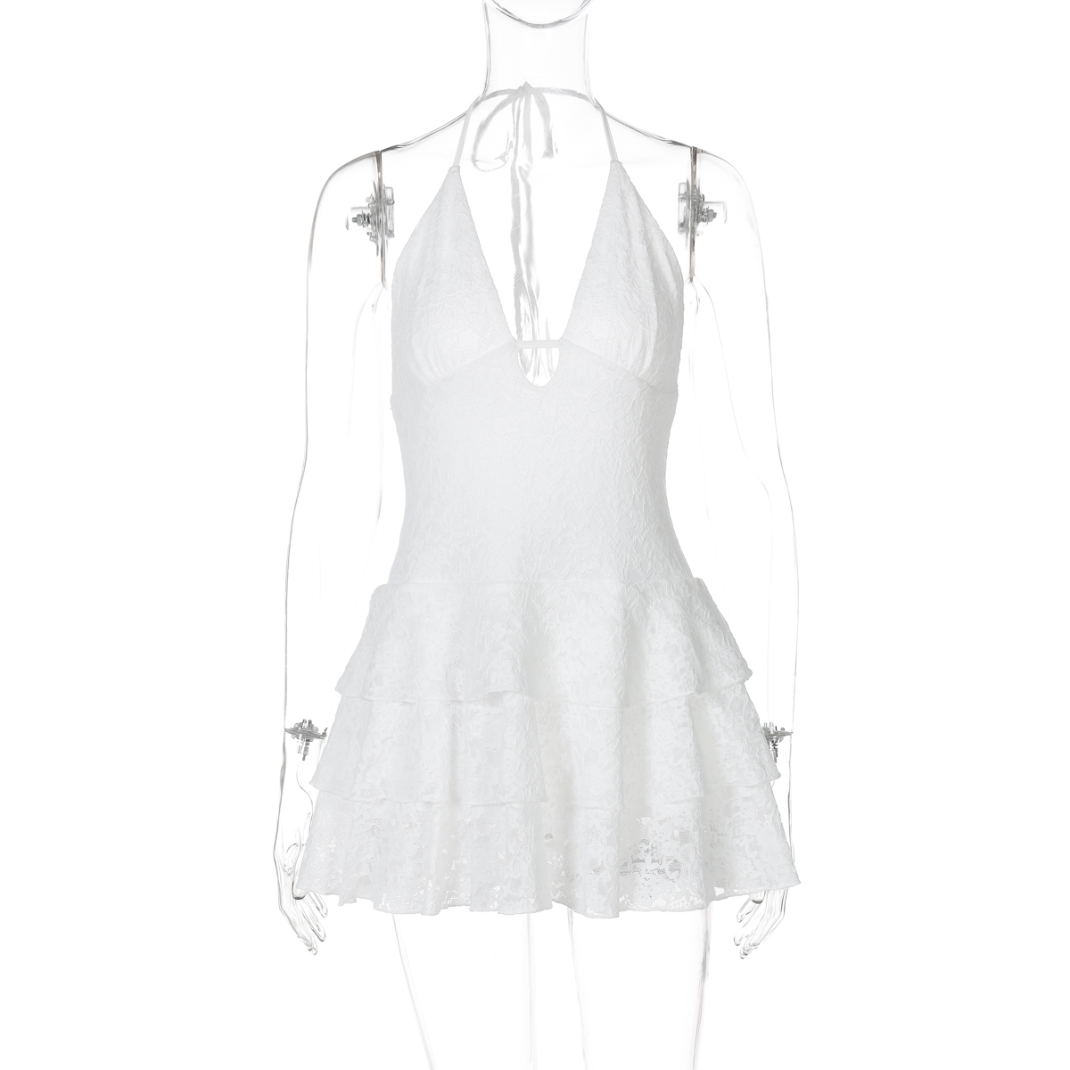 Vacation Style Deep V-Neck Backless Dress with Hollow Lace Splicing and Tie Straps - Sexy Pleated Summer Dress