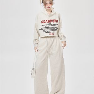 Versatile American Retro Fashion Slim-Fit Letter Print Short Hoodie and Pants Set for Women - Casual Sportswear Y2K Style