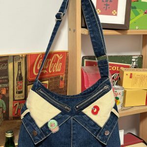 Versatile Color-Blocking Single-Shoulder Crossbody Bag for Women - Vintage Denim Tote for Students and Everyday Use