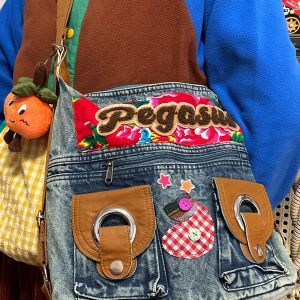 Versatile Cotton Padded Jacket with Original New Year Design and Large Capacity Denim Shoulder Crossbody Bag for Women
