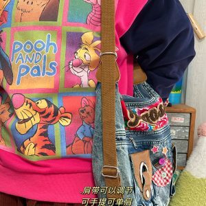 Versatile Cotton Padded Jacket with Original New Year Design and Large Capacity Denim Shoulder Crossbody Bag for Women