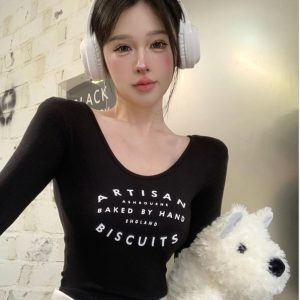 Versatile Jazz Girl Group Dancing Crop Top - Slim Fit Long Sleeve T-Shirt with Letter Print - Trendy Y2K Fashion