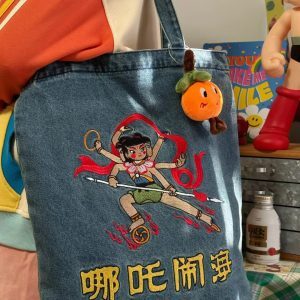 Versatile Large Capacity Denim Tote Bag - Nezha Sea Disturbance Design, Perfect for Commuters and Students