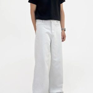 Versatile Pure White Micro-Flare Jeans for Men and Women - Trendy Retro Straight Casual Long Pants, Washed Style