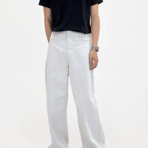 Versatile Pure White Micro-Flare Jeans for Men and Women - Trendy Retro Straight Casual Long Pants, Washed Style