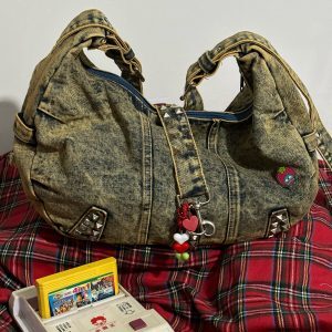 Versatile Retro Denim Tote Bag - Large Capacity Wasteland Style Shoulder Crossbody Bag for Students