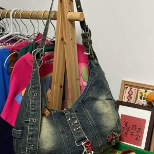 Versatile Retro Denim Tote Bag - Large Capacity Wasteland Style Shoulder Crossbody Bag for Students
