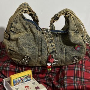 Versatile Retro Denim Tote Bag - Large Capacity Wasteland Style Shoulder Crossbody Bag for Students