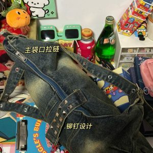 Versatile Retro Denim Tote Bag - Large Capacity Wasteland Style Shoulder Crossbody Bag for Students