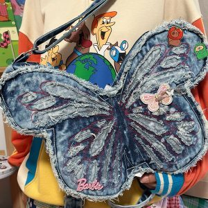 Versatile Single-Shoulder Denim Crossbody Bag with Butterfly Design - Stylish Student Backpack for High School & College