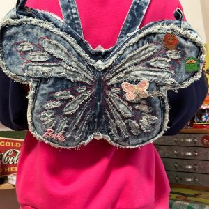 Versatile Single-Shoulder Denim Crossbody Bag with Butterfly Design - Stylish Student Backpack for High School & College