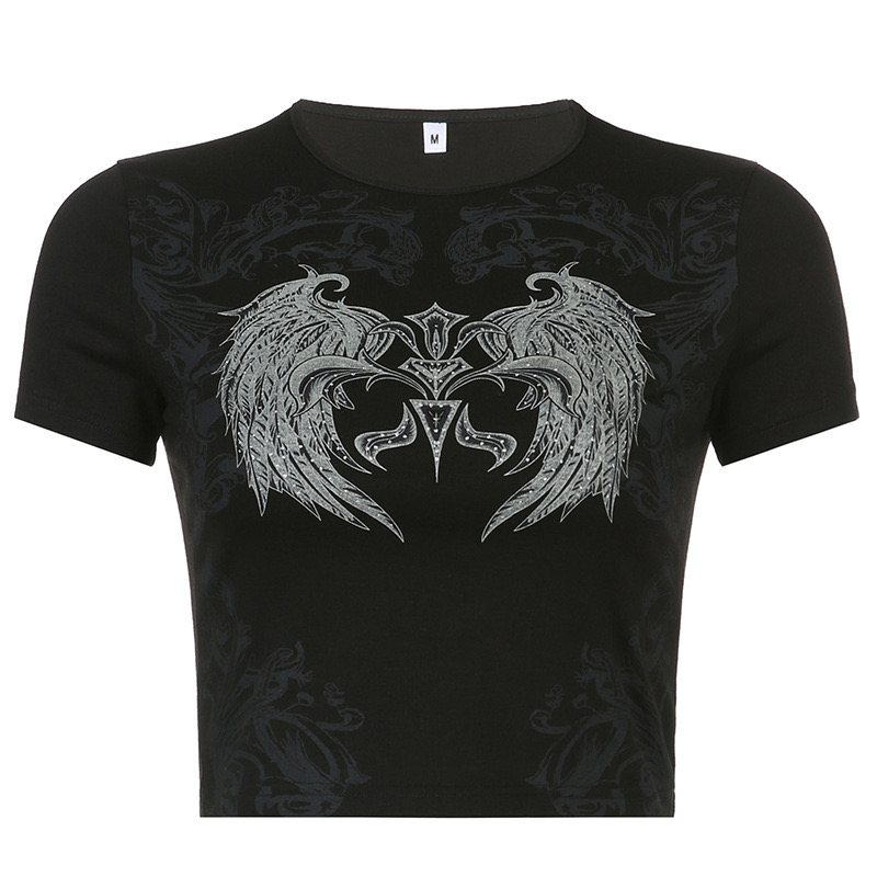 Versatile Slim Fit Sexy Jazz Dance T-Shirt with Dark Geometric Wing Print - Round Neck Short Sleeve Top for Y2K Style