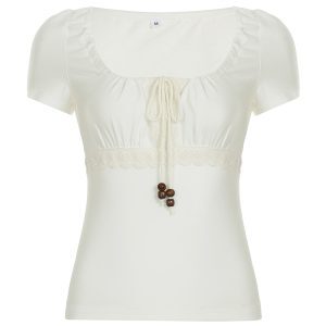 Versatile Solid Color Tie-Up Ruffled Square Neck T-Shirt with Lace Splicing for Women - Slim Fit Short Sleeve Top, Y2K Fashion