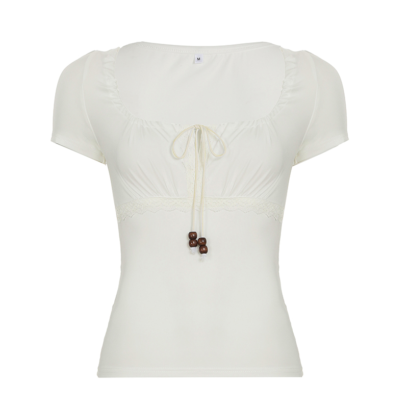 Versatile Solid Color Tie-Up Ruffled Square Neck T-Shirt with Lace Splicing for Women - Slim Fit Short Sleeve Top, Y2K Fashion